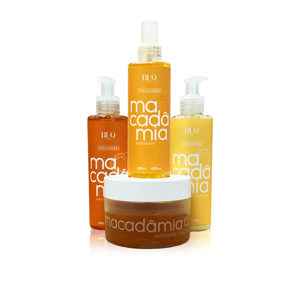 COMBO MEU BANHO MACADÂMIA + BODY SPLASH + ESFOLIANTE + CREME HIDRATANTE + SABONETE LÍQUIDO - Buq care