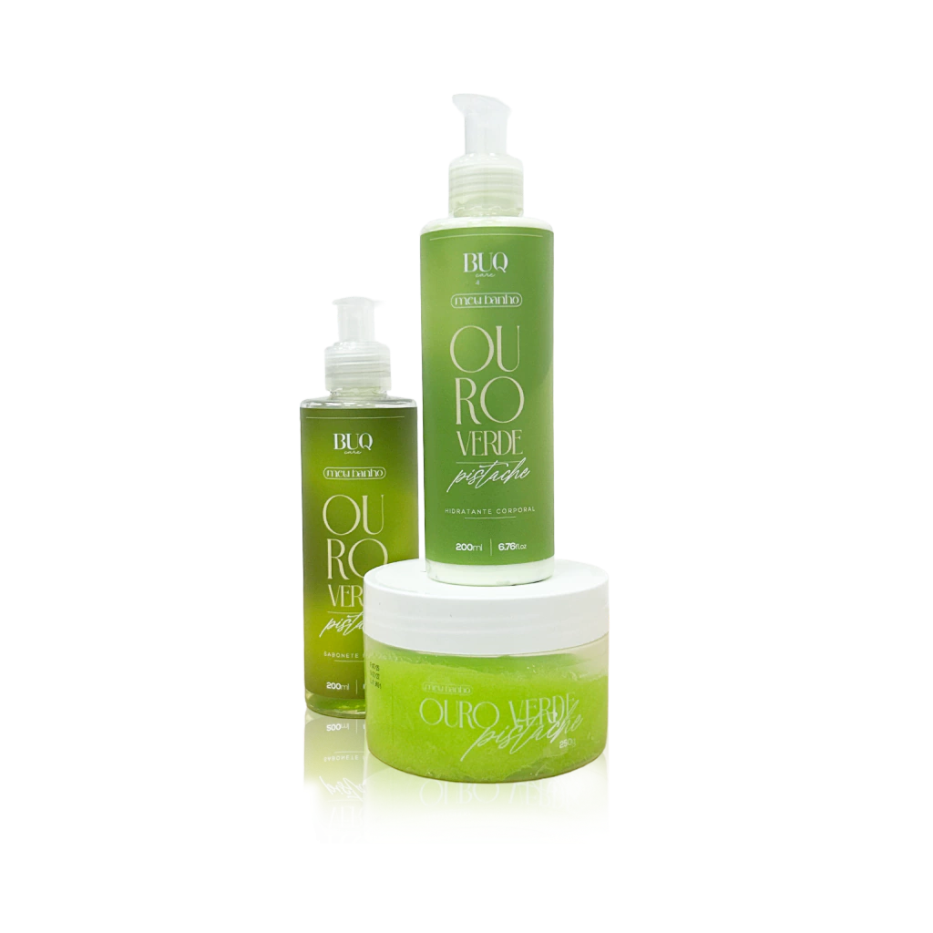 COMBO OURO PISTACHE + ESFOLIANTE + CREME HIDRATANTE + SABONETE LÍQUIDO - Buq care